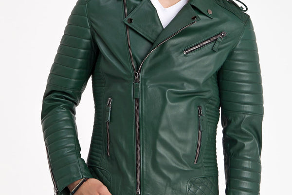 Erkek biker deri ceket yeşil