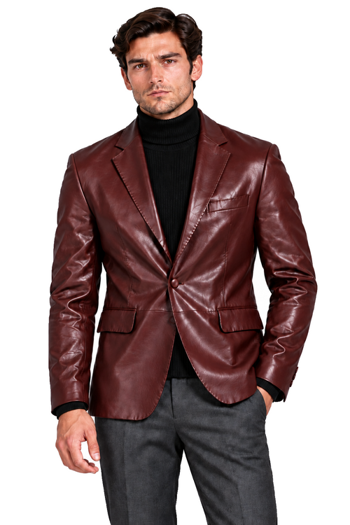 Erkek bordo blazer deri ceket, görünüm 1