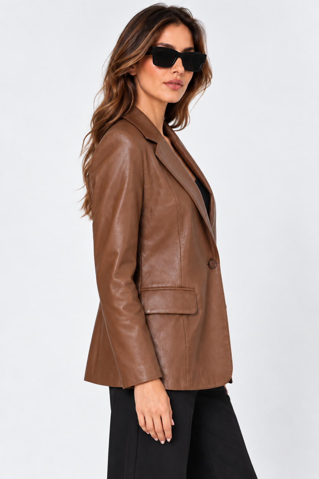 Women's Single-Button Blazer Leather Jacket Chestnut