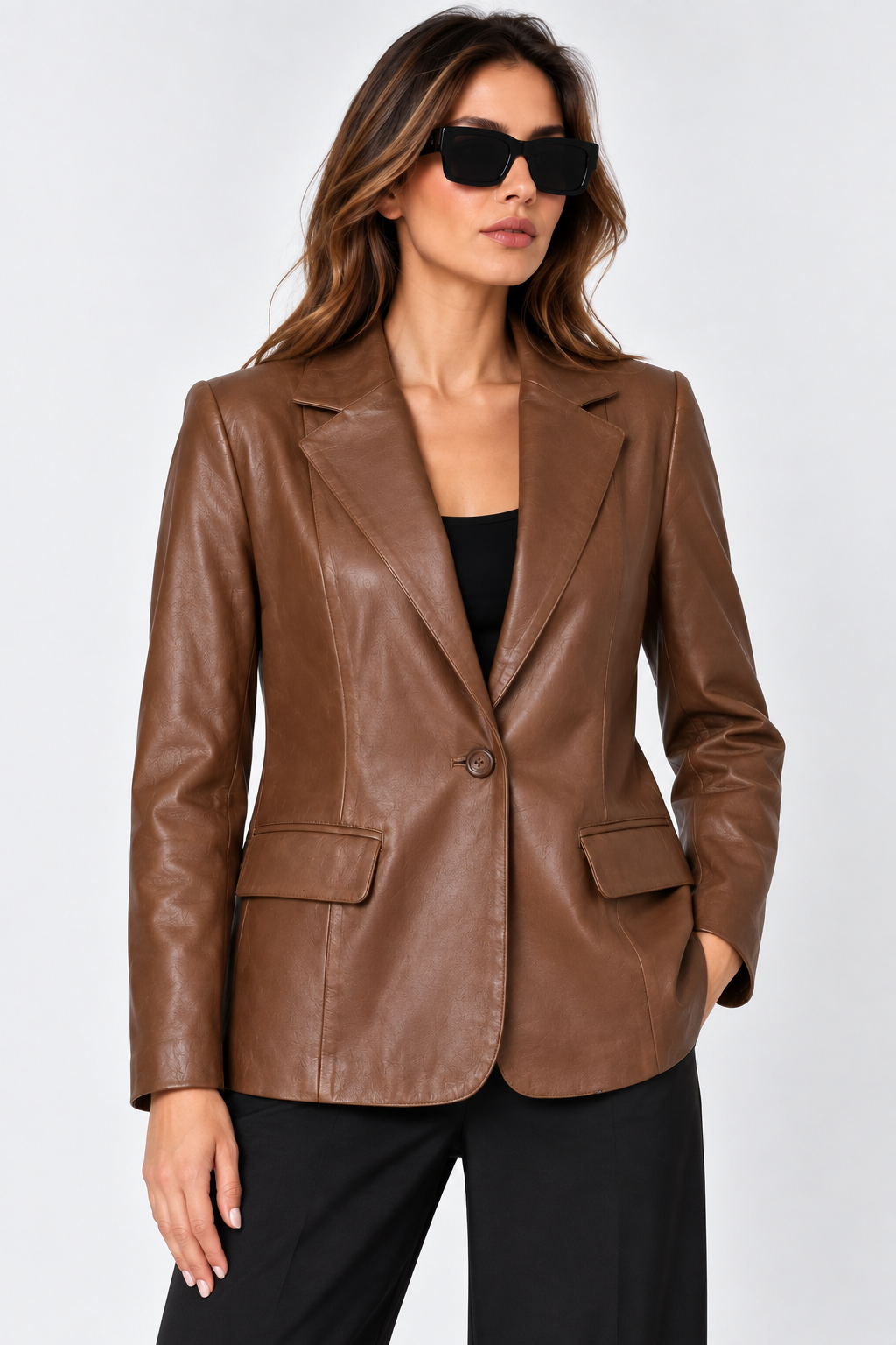 Women's Single-Button Blazer Leather Jacket Chestnut