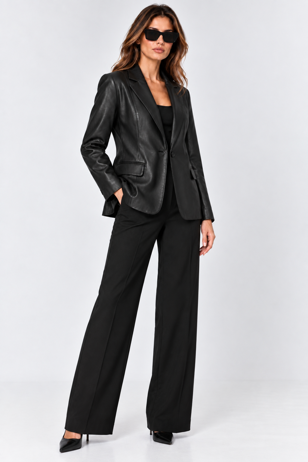 Women's Single-Button Leather Blazer Jacket Black