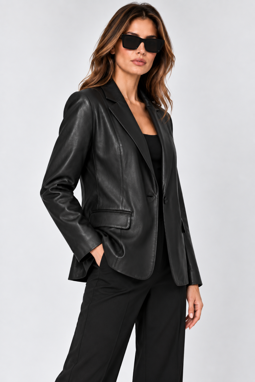 Women's Single-Button Leather Blazer Jacket Black