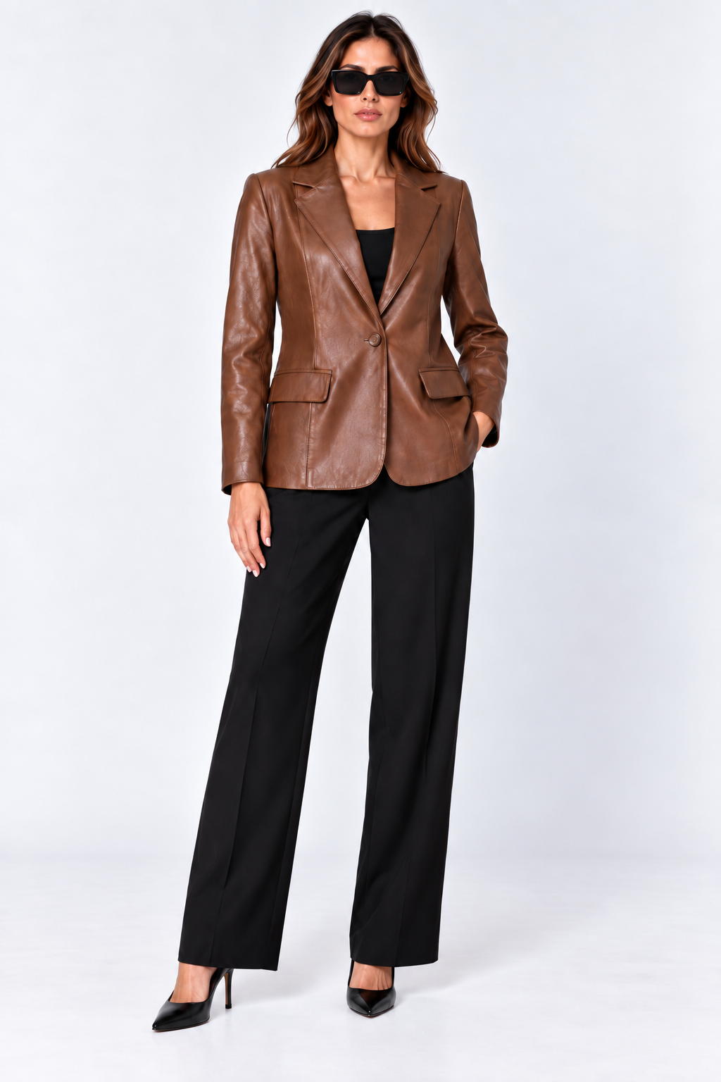 Women's Single-Button Blazer Leather Jacket Chestnut