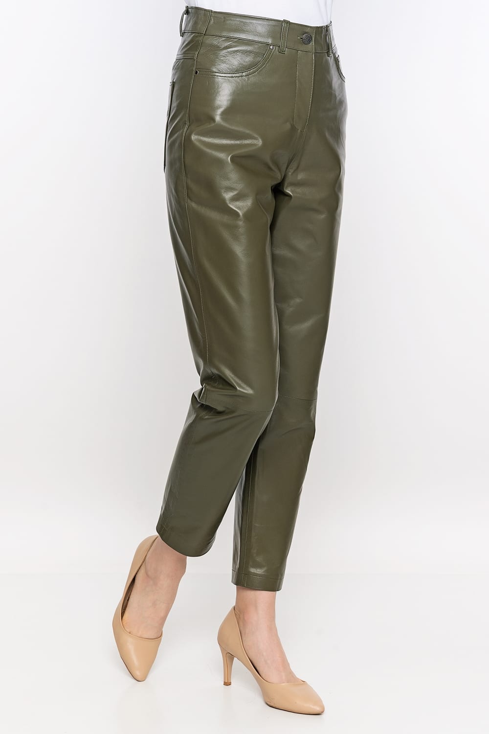 Kadın Beş Cepli Deri Pantolon Kaki - ürün görseli 6