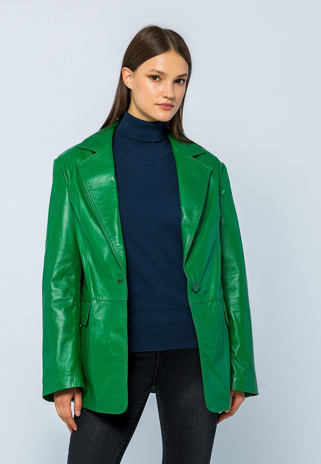 Kadın Oversize Blazer Deri Ceket Yeşil - ürün görseli 1
