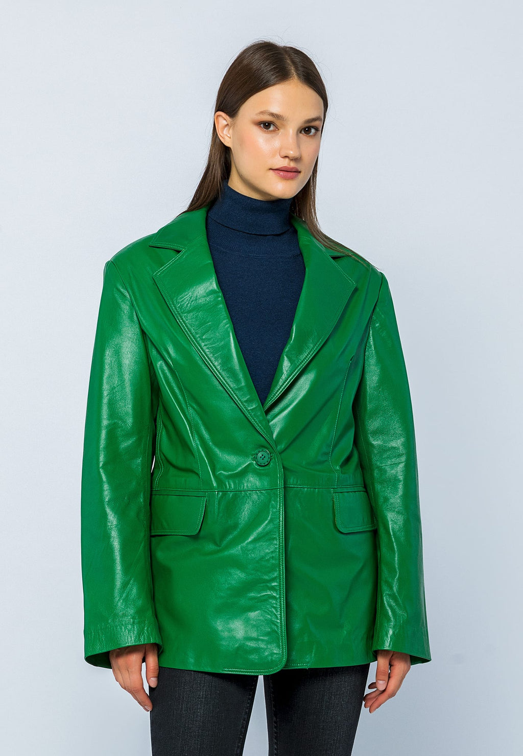 Kadın Oversize Blazer Deri Ceket Yeşil - ürün görseli 2