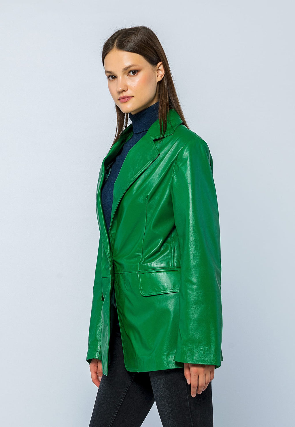 Kadın Oversize Blazer Deri Ceket Yeşil - ürün görseli 3