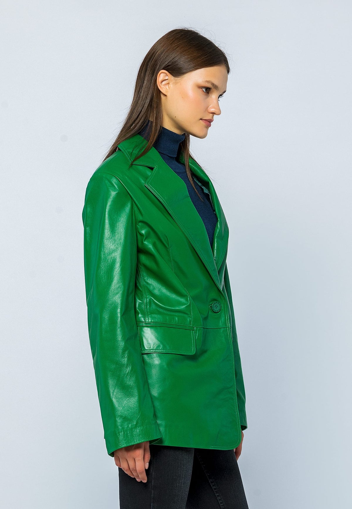 Kadın Oversize Blazer Deri Ceket Yeşil - ürün görseli 4