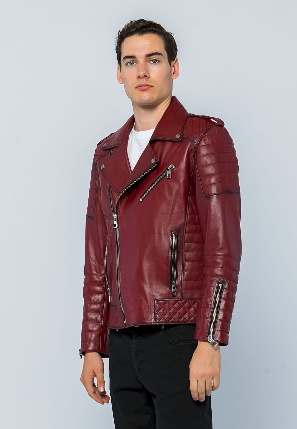 Erkek Biker Deri Ceket Açık Bordo - ürün görseli 3