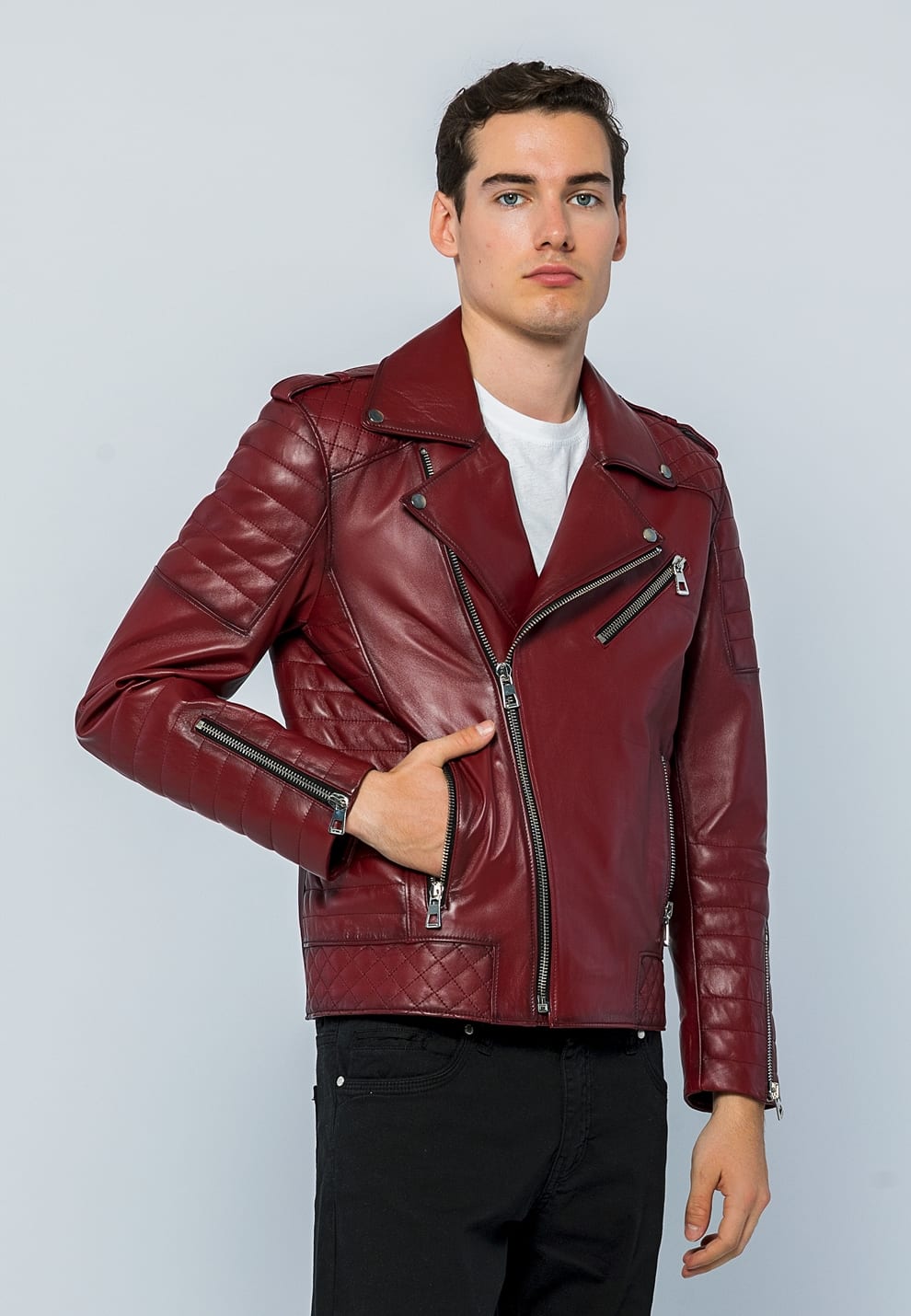 Erkek Biker Deri Ceket Açık Bordo - ürün görseli 4
