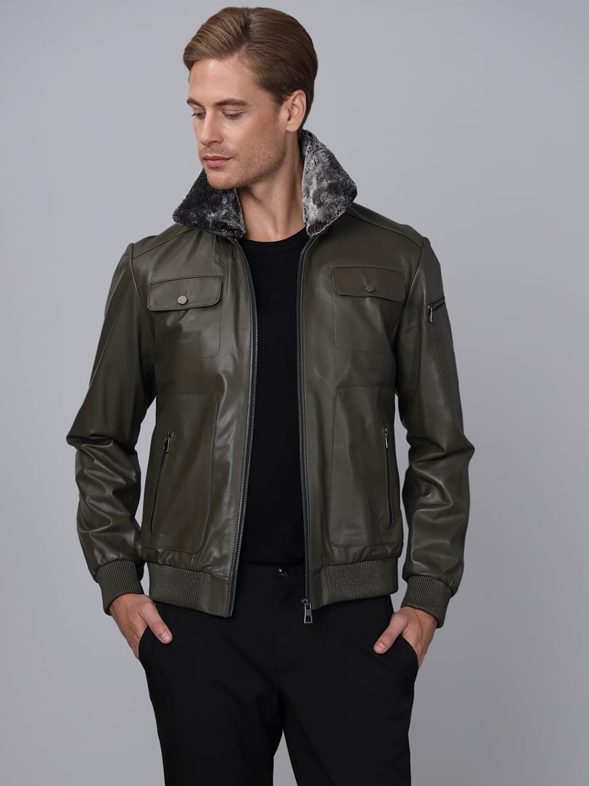 Erkek Yaka Kürklü Pilot Deri Ceket Kaki - ürün görseli 3
