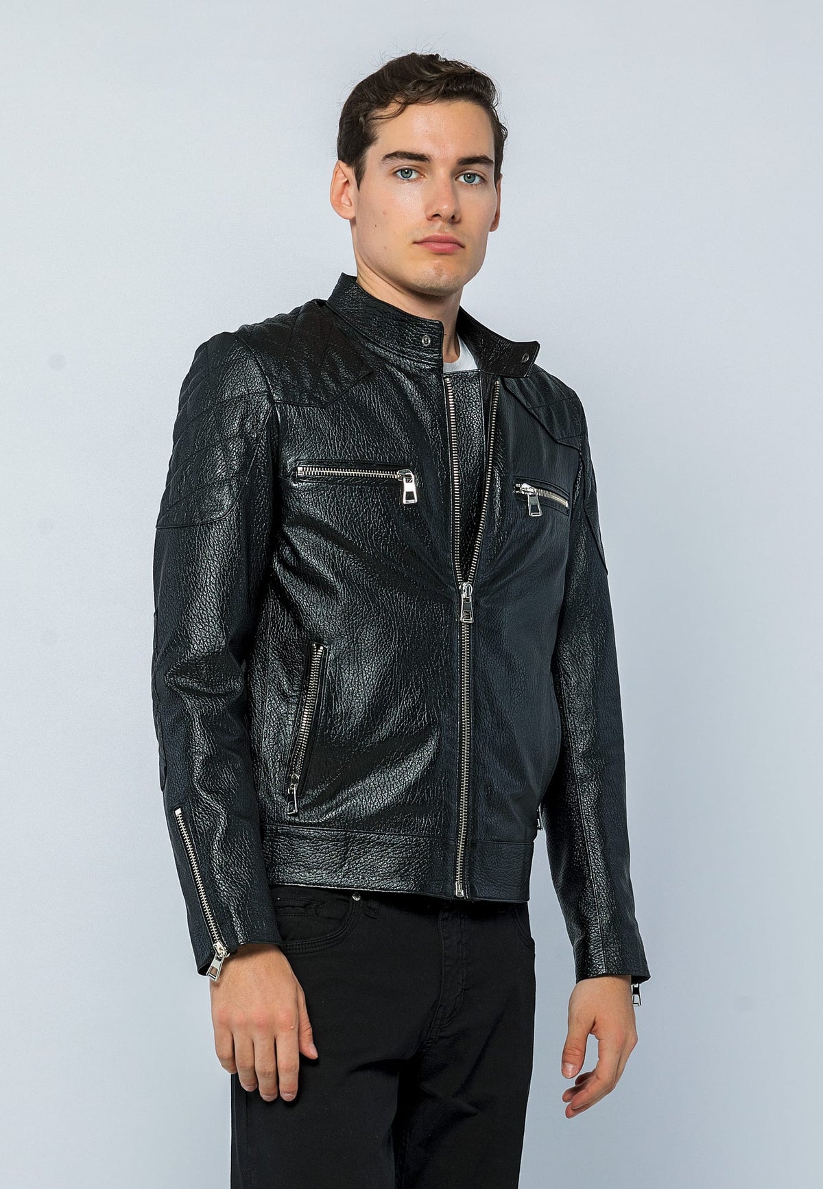 Erkek Biker Jumbo Deri Ceket Siyah - ürün görseli 4