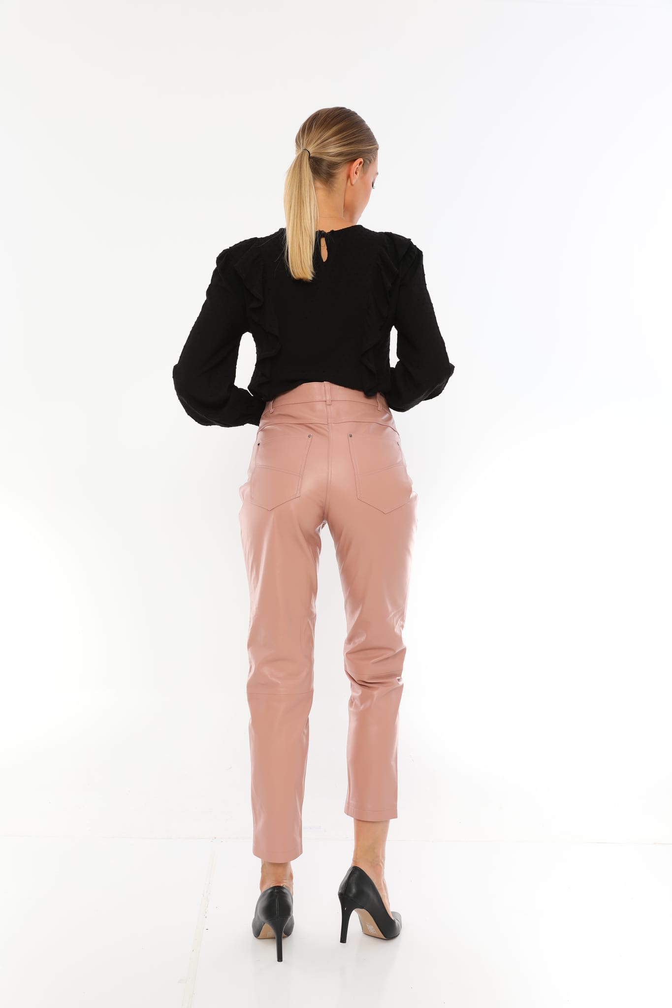 Kadın Beş Cepli Deri Pantolon Açık Pembe - ürün görseli 5