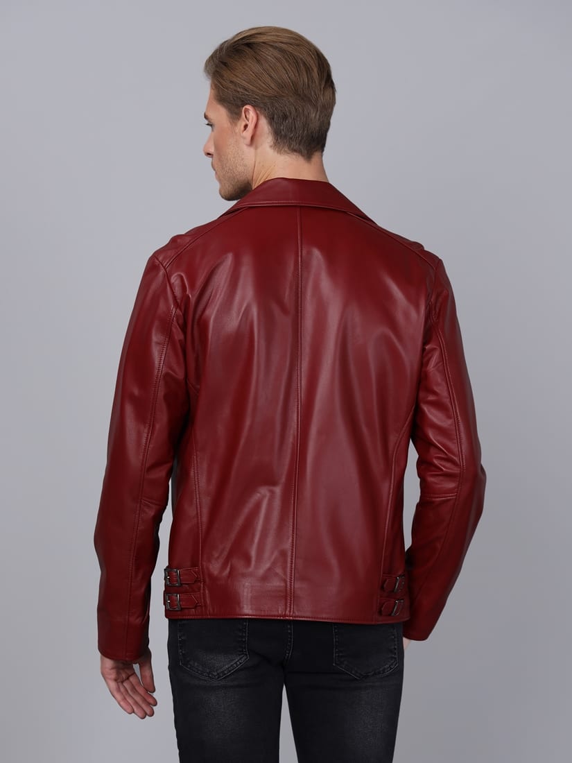Erkek Biker Deri Ceket Bordo - ürün görseli 3