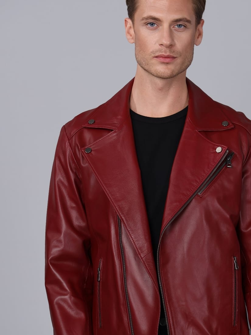 Erkek Biker Deri Ceket Bordo - ürün görseli 4