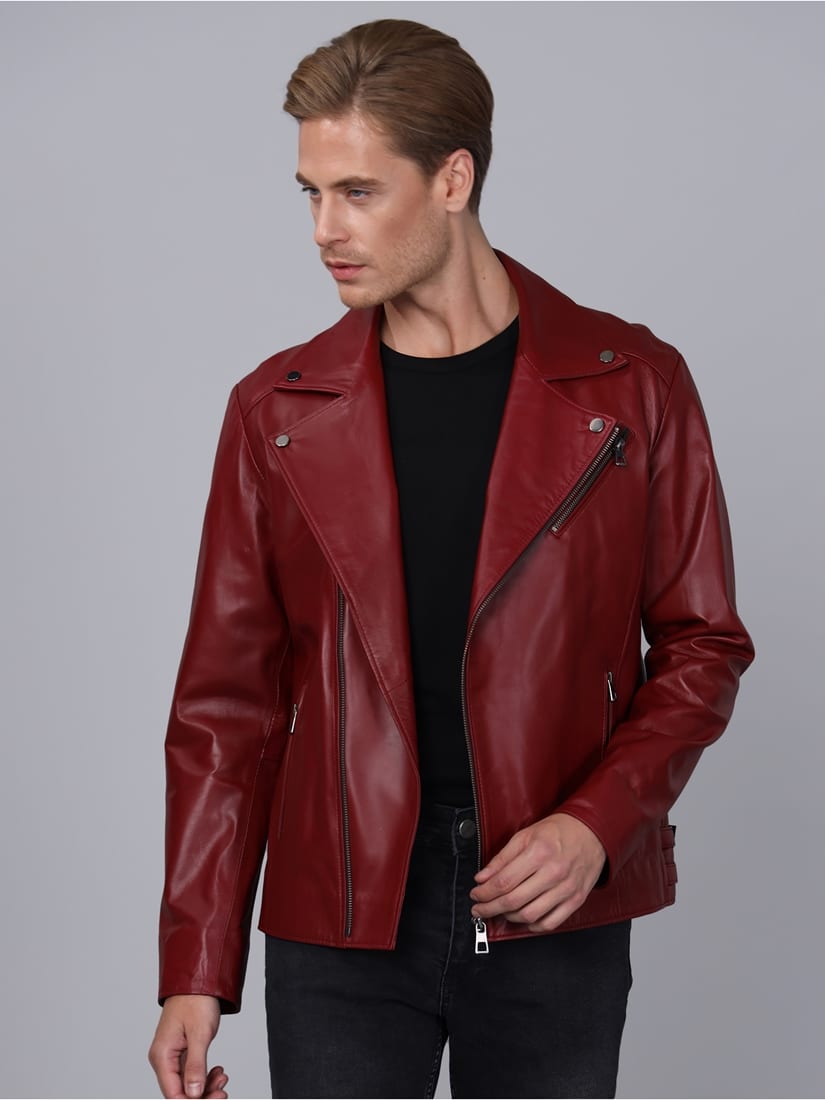 Erkek Biker Deri Ceket Bordo - ürün görseli 5