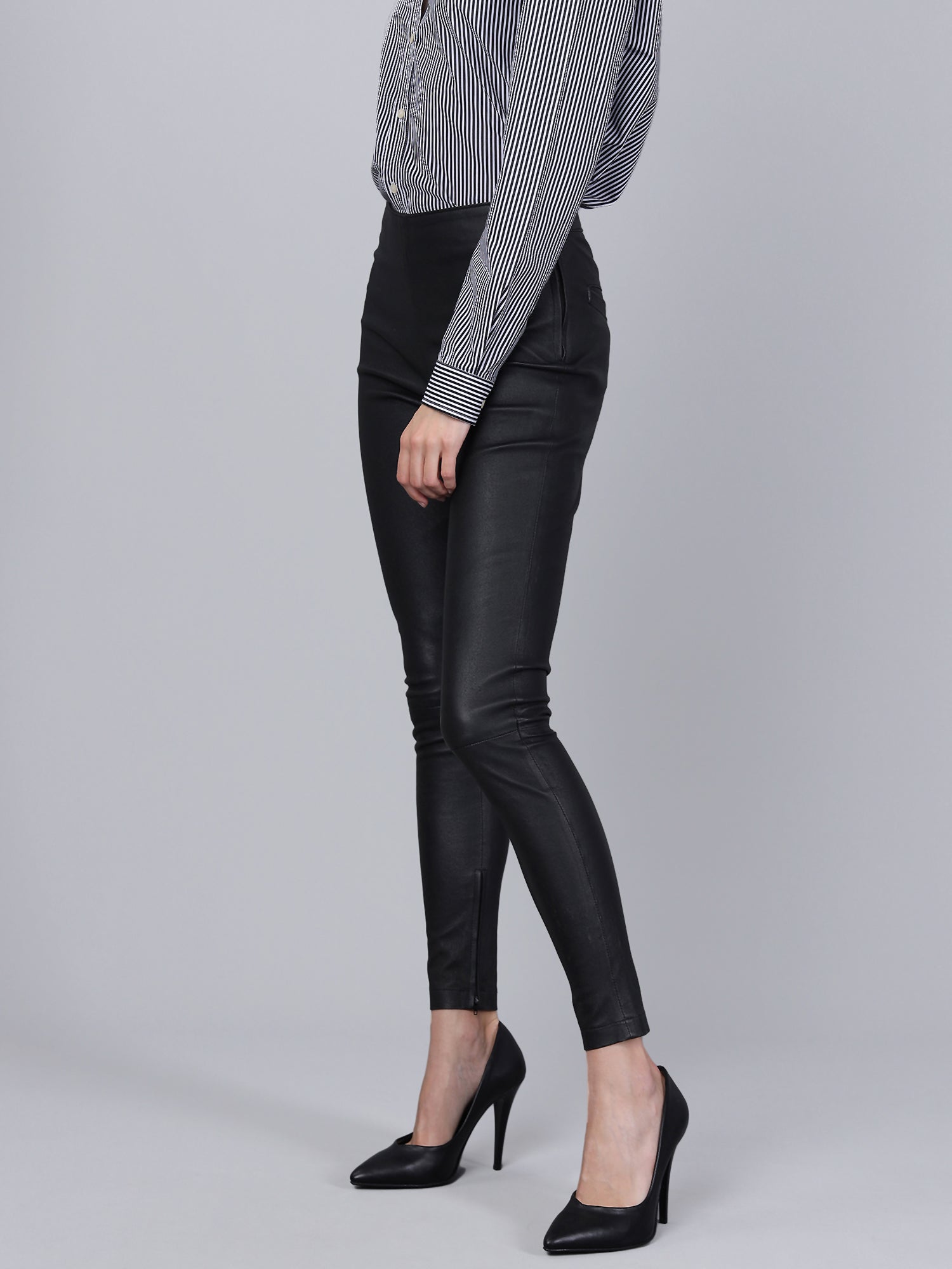 Kadın Paça Fermuarlı Hakiki Likralı Deri Pantolon Siyah - ürün görseli 3