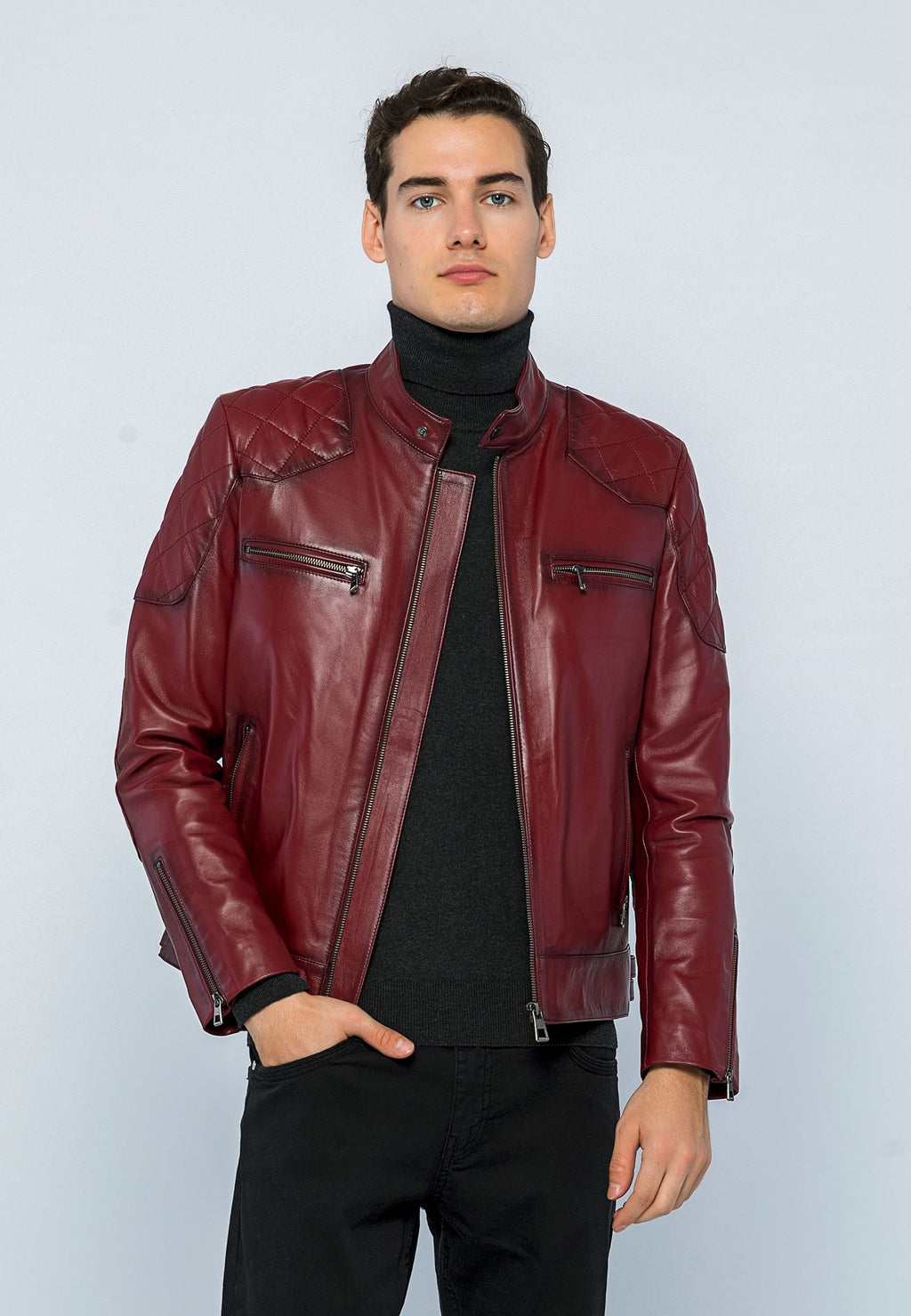 Erkek Biker Deri Ceket Açık Bordo - ürün görseli 1