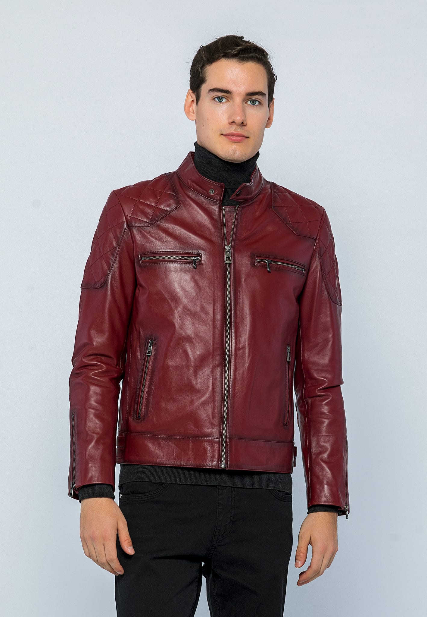 Erkek Biker Deri Ceket Açık Bordo - ürün görseli 2