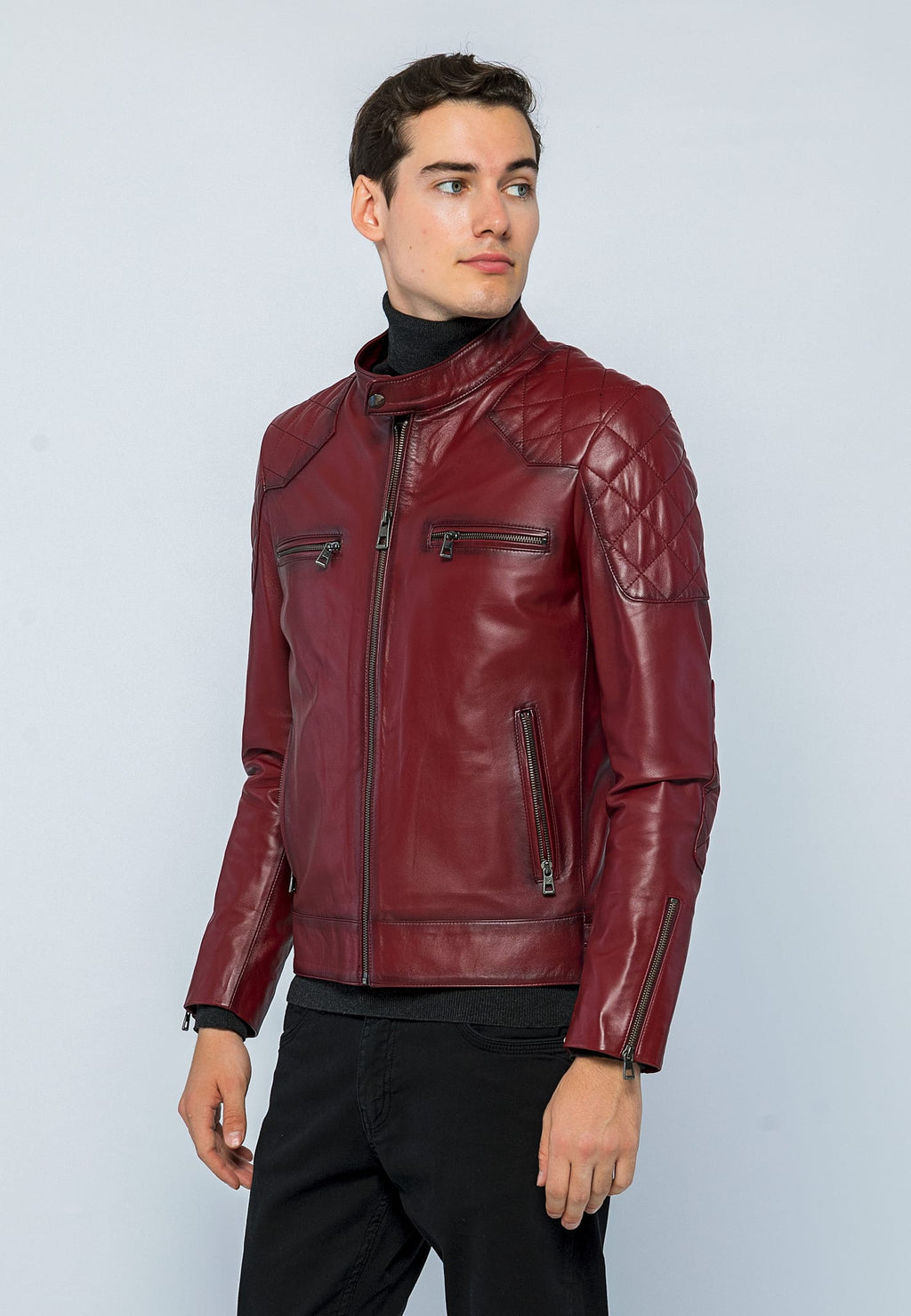 Erkek Biker Deri Ceket Açık Bordo - ürün görseli 3