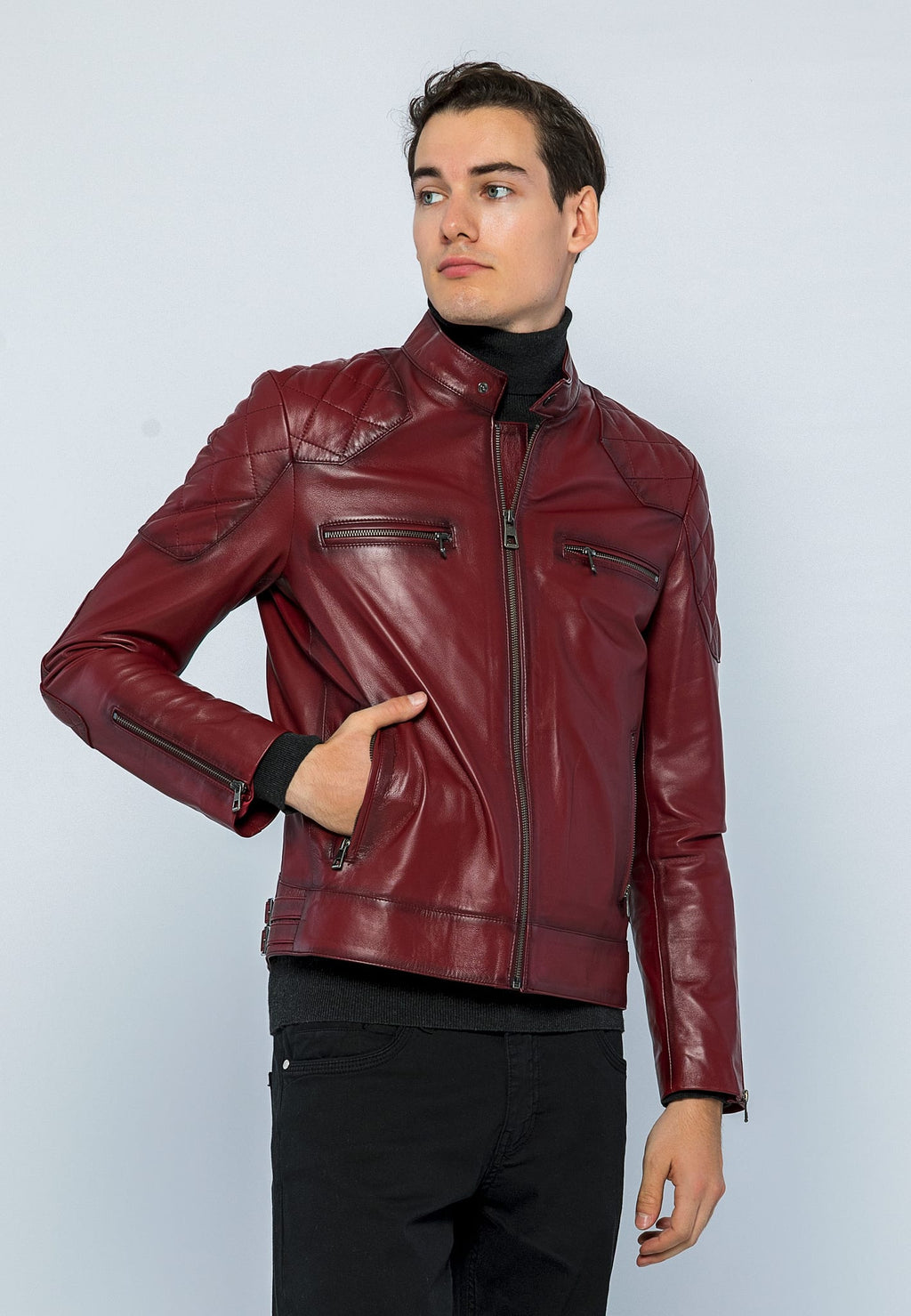 Erkek Biker Deri Ceket Açık Bordo - ürün görseli 4