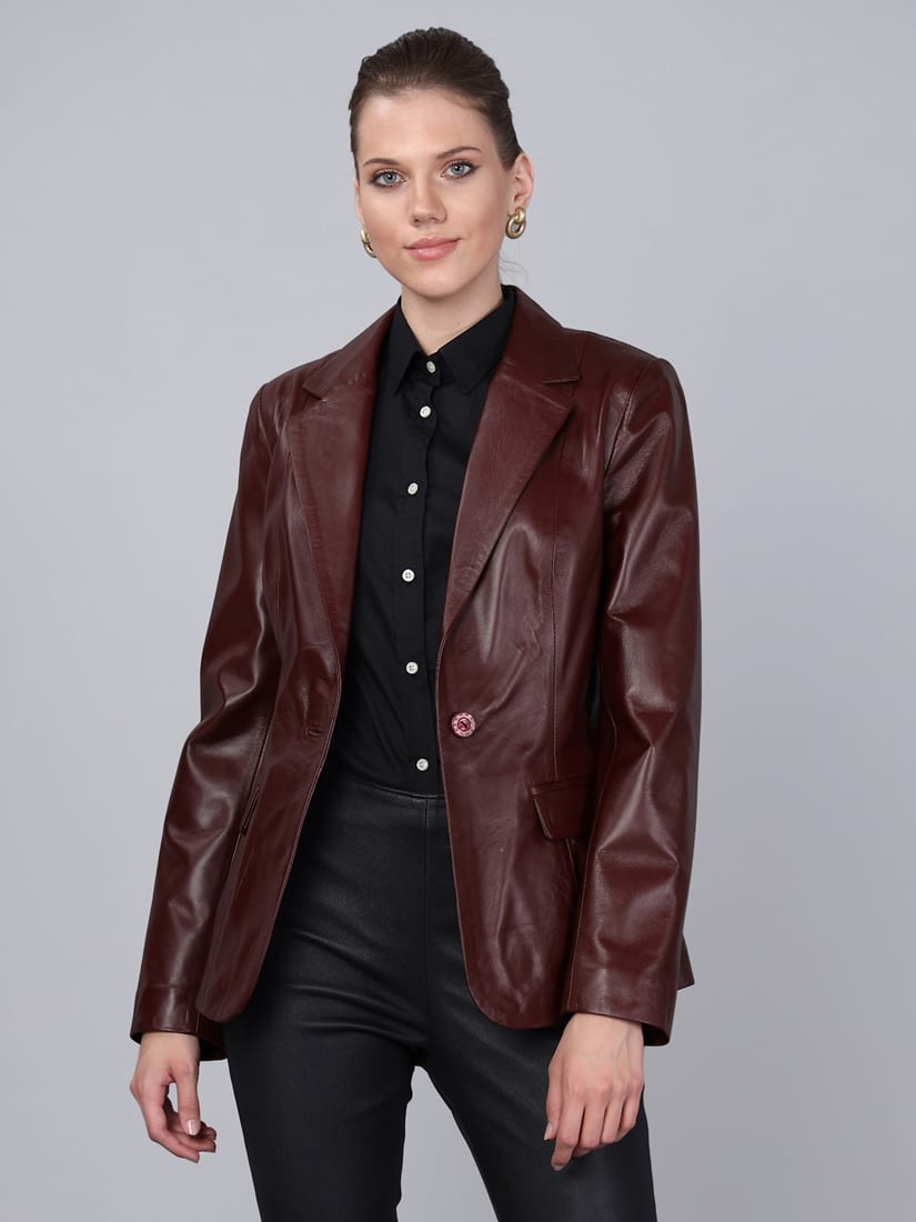 Kadın Tek Düğmeli Blazer Deri Ceket Mürdüm - ürün görseli 1