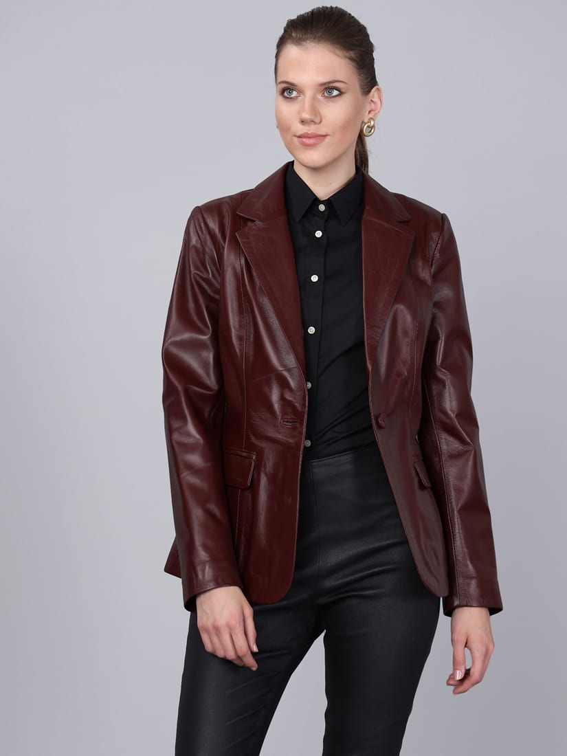 Kadın Tek Düğmeli Blazer Deri Ceket Mürdüm - ürün görseli 2