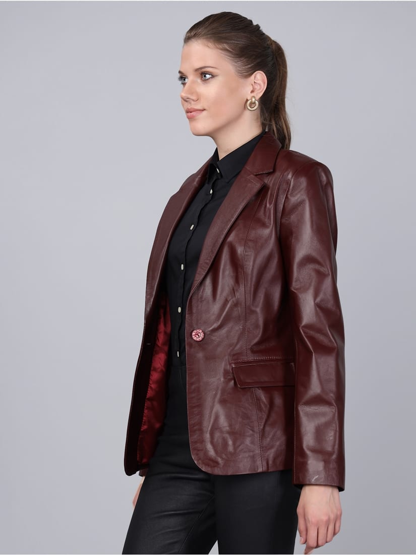 Kadın Tek Düğmeli Blazer Deri Ceket Mürdüm - ürün görseli 3