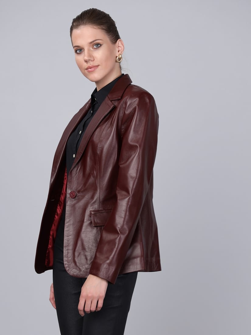 Kadın Tek Düğmeli Blazer Deri Ceket Mürdüm - ürün görseli 4