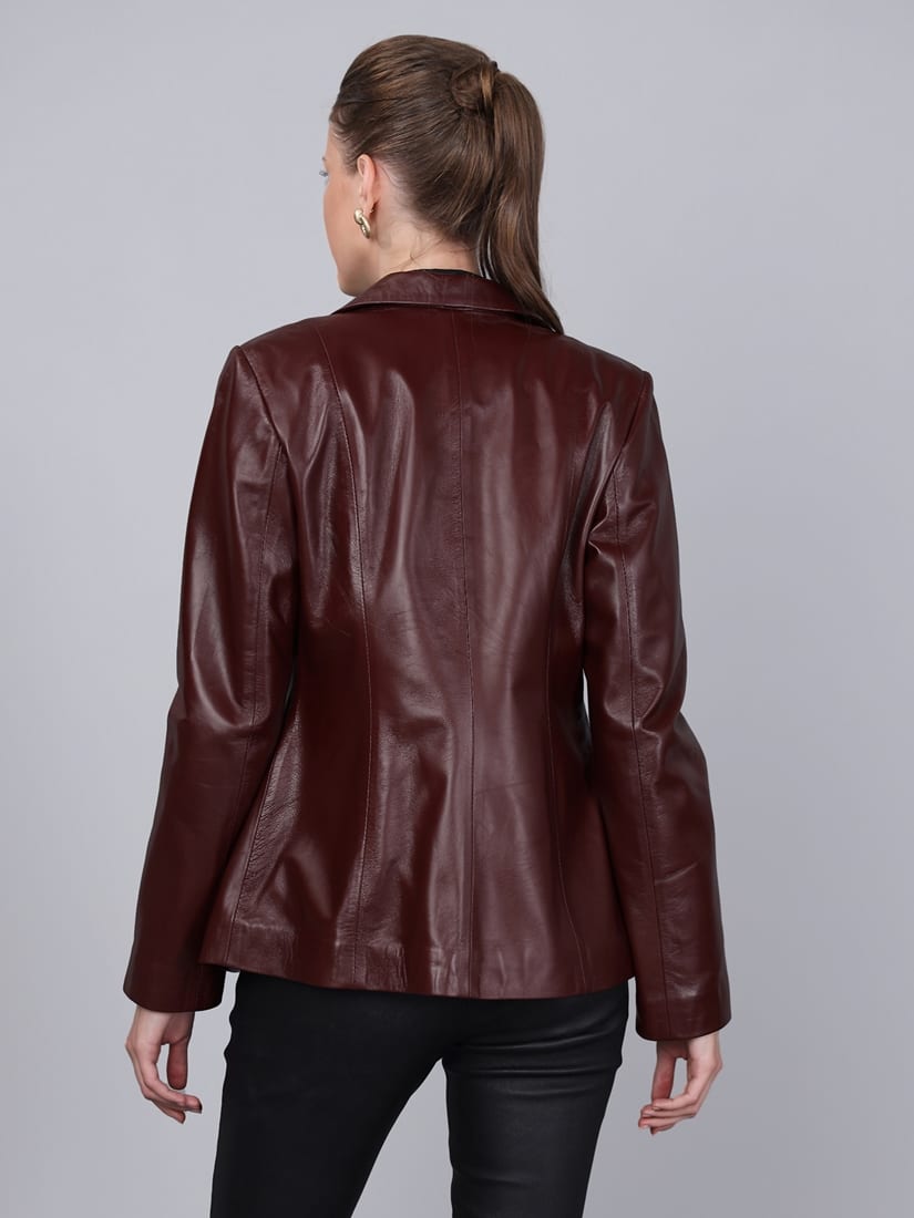 Kadın Tek Düğmeli Blazer Deri Ceket Mürdüm - ürün görseli 5
