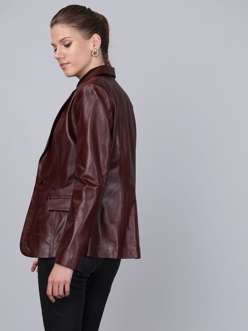 Kadın Tek Düğmeli Blazer Deri Ceket Mürdüm - ürün görseli 6
