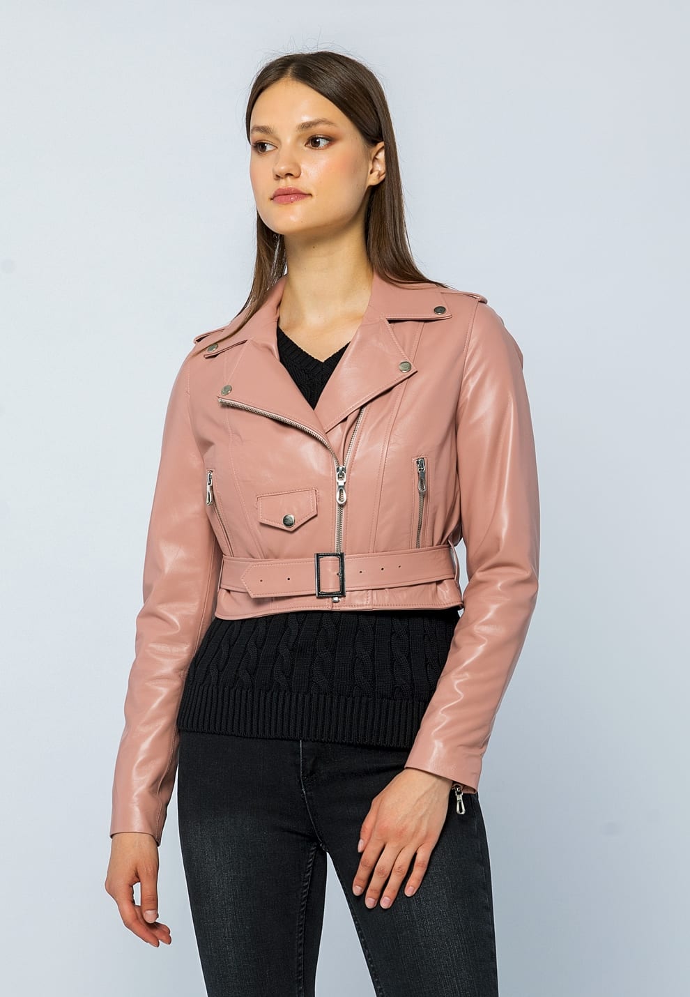 Kadın Kemerli Kısa Deri Ceket Açık Pembe - ürün görseli 3