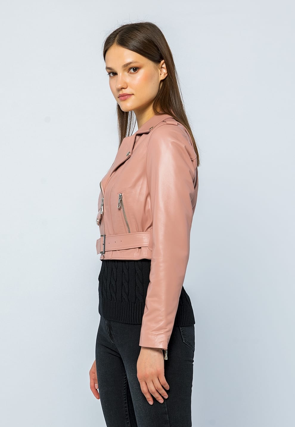Kadın Kemerli Kısa Deri Ceket Açık Pembe - ürün görseli 4