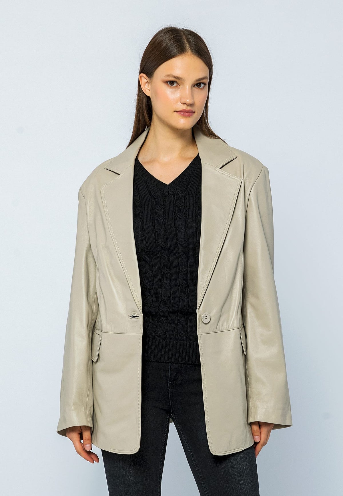 Kadın Oversize Blazer Deri Ceket Bej - ürün görseli 1