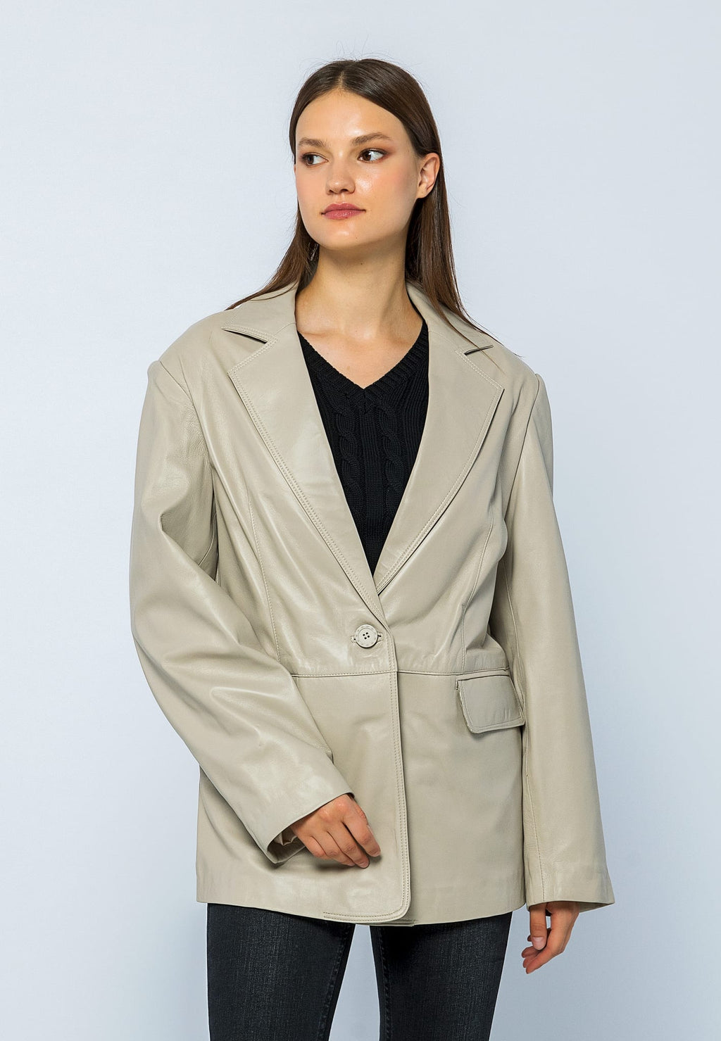 Kadın Oversize Blazer Deri Ceket Bej - ürün görseli 2