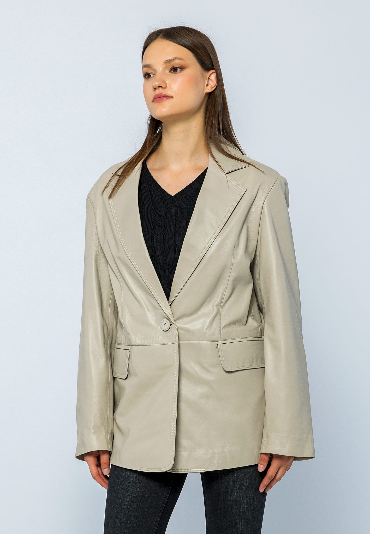 Kadın Oversize Blazer Deri Ceket Bej - ürün görseli 3