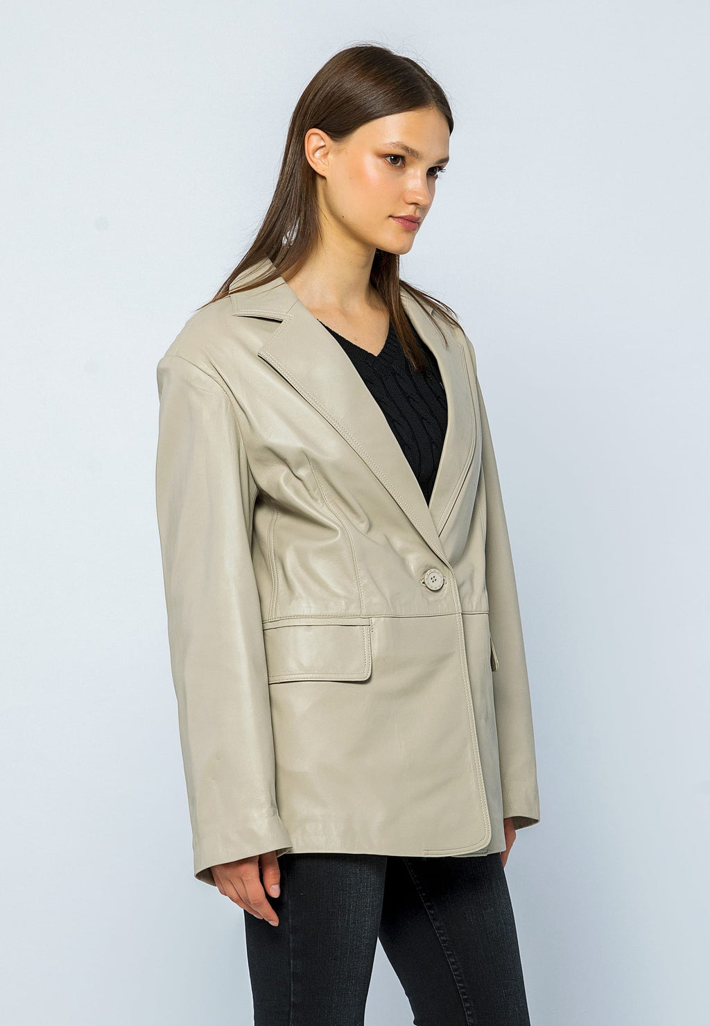 Kadın Oversize Blazer Deri Ceket Bej - ürün görseli 5