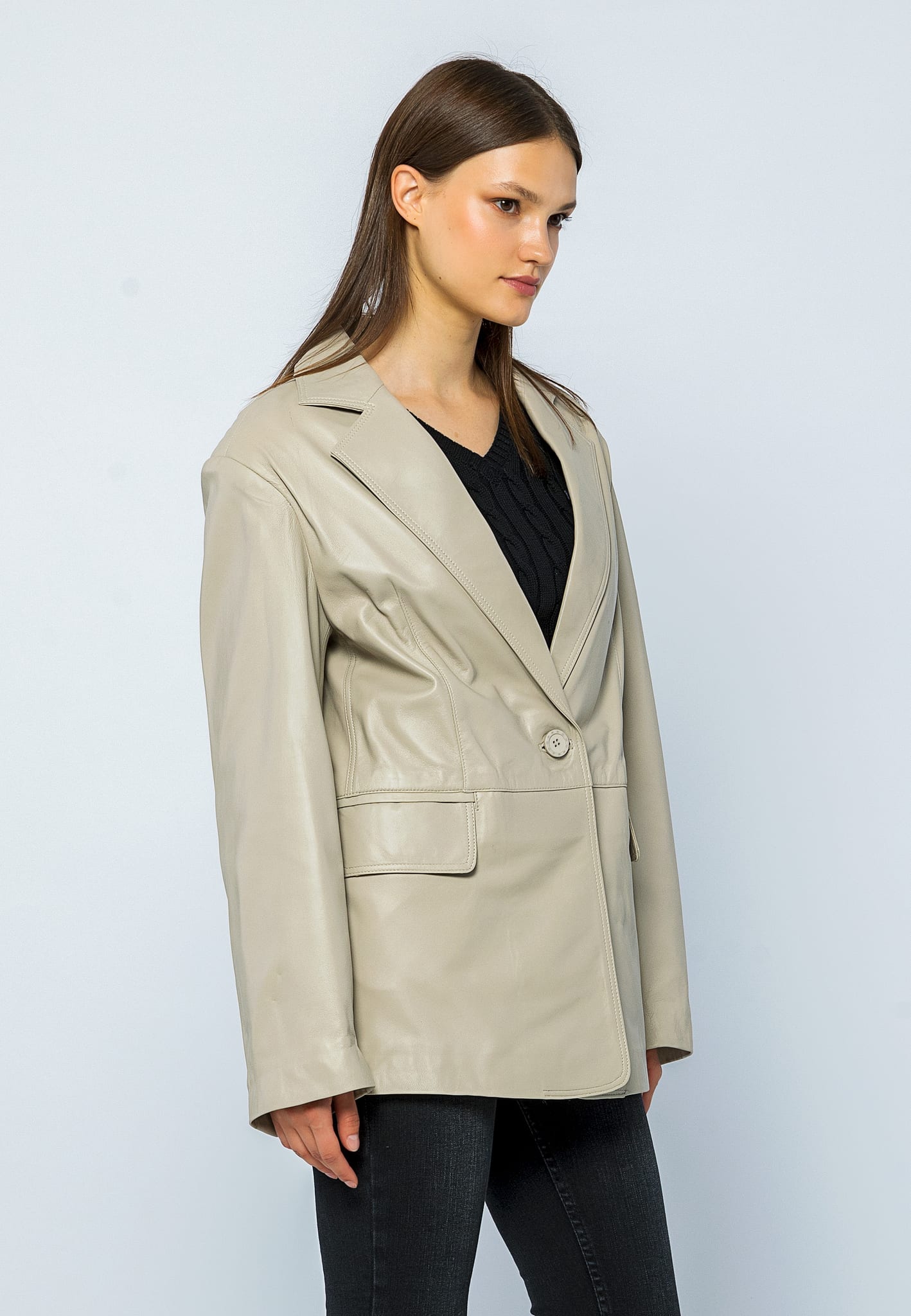 Kadın Oversize Blazer Deri Ceket Bej - ürün görseli 5