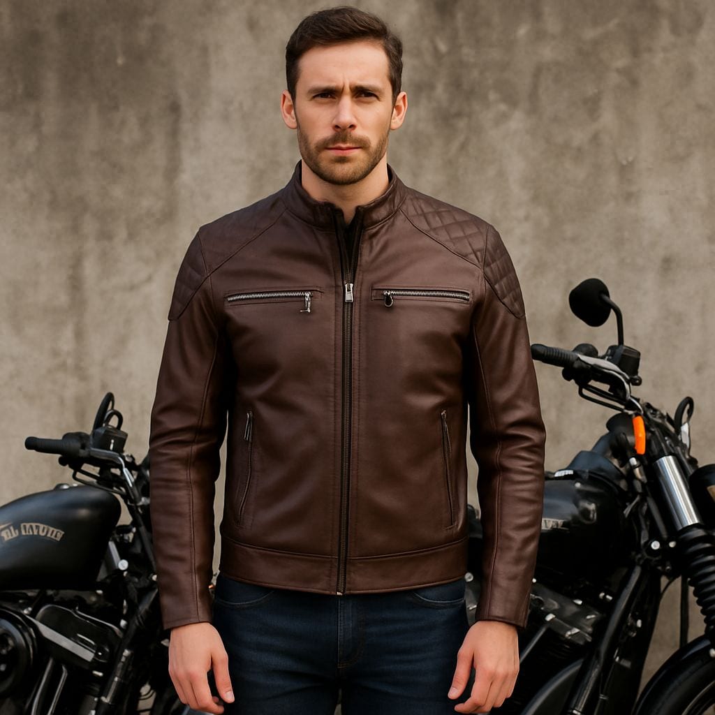 Erkek Biker Deri Ceket Çay - ürün görseli 5