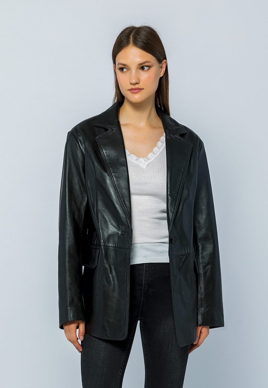 Kadın Oversize Blazer Deri Ceket Siyah - ürün görseli 1