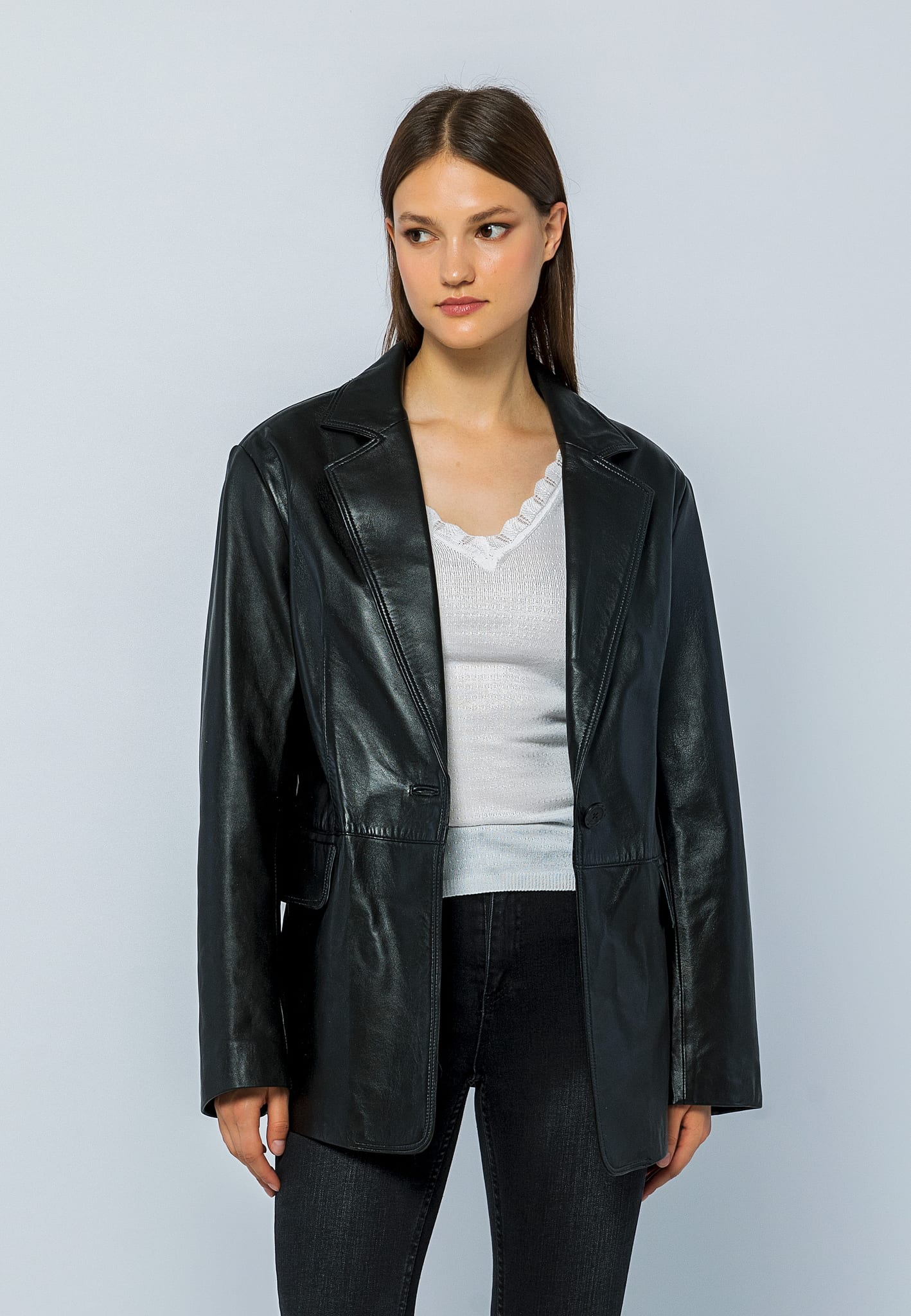 Kadın Oversize Blazer Deri Ceket Siyah - ürün görseli 1