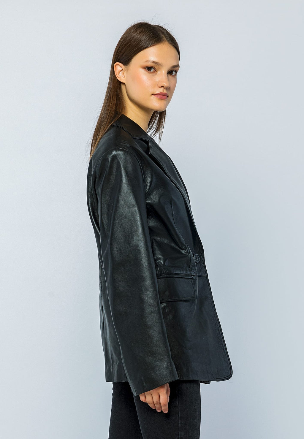 Kadın Oversize Blazer Deri Ceket Siyah - ürün görseli 4