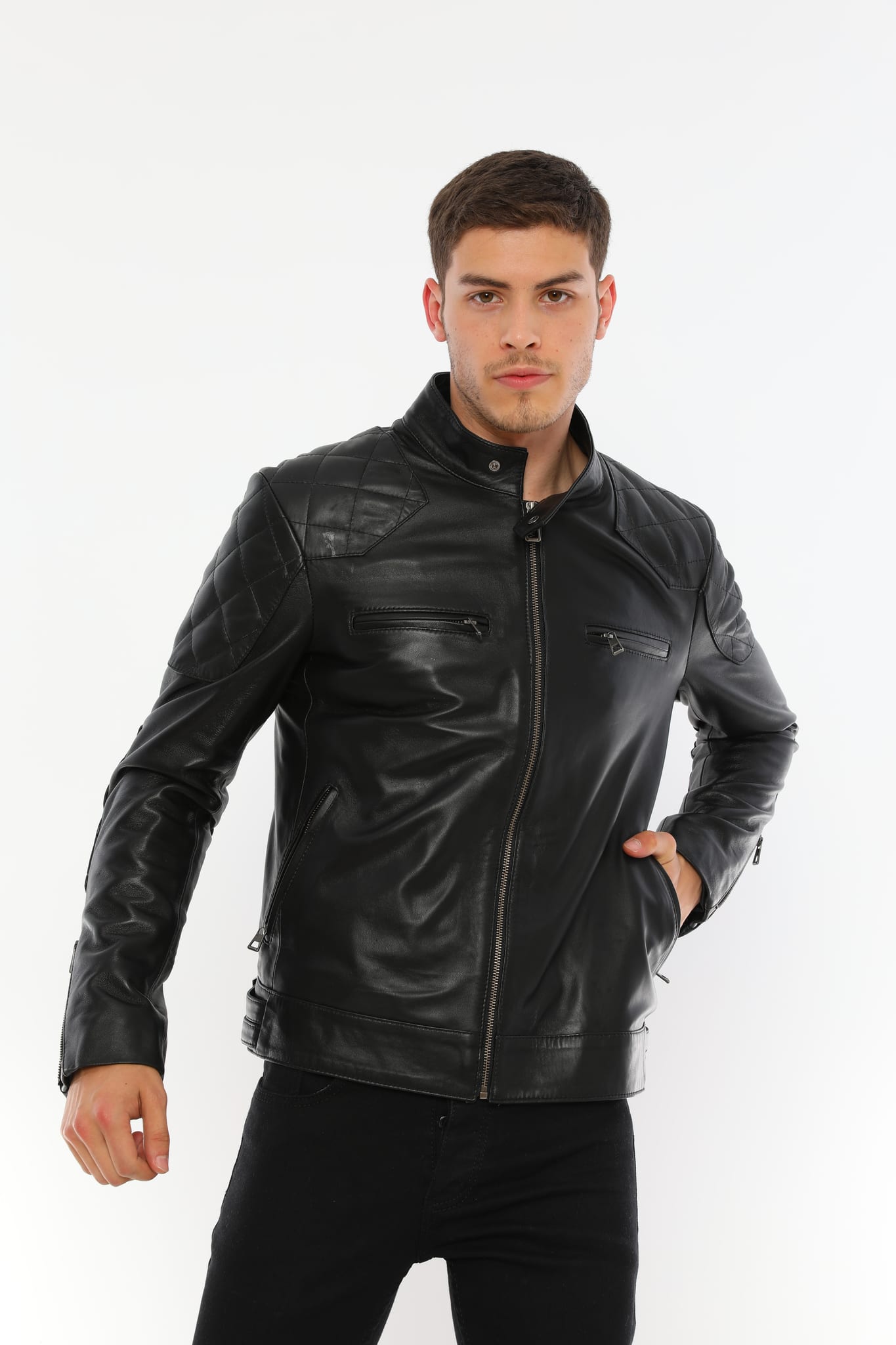 Erkek Biker Deri Ceket Siyah - ürün görseli 4