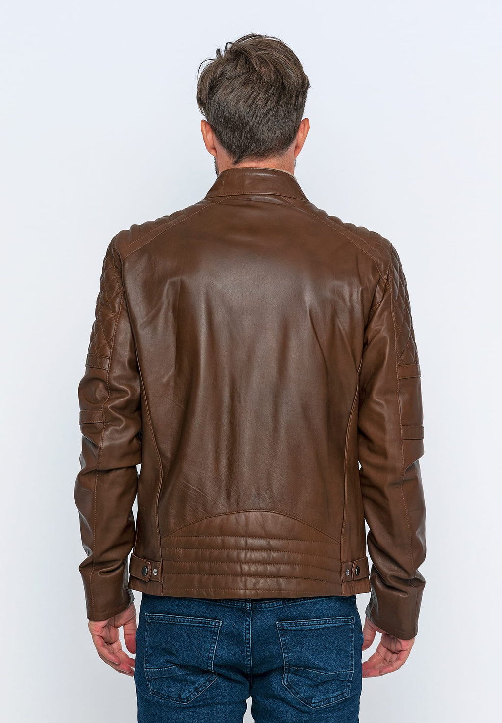 Erkek Kapitone Omuz Detaylı Deri Ceket Kestane - ürün görseli 6