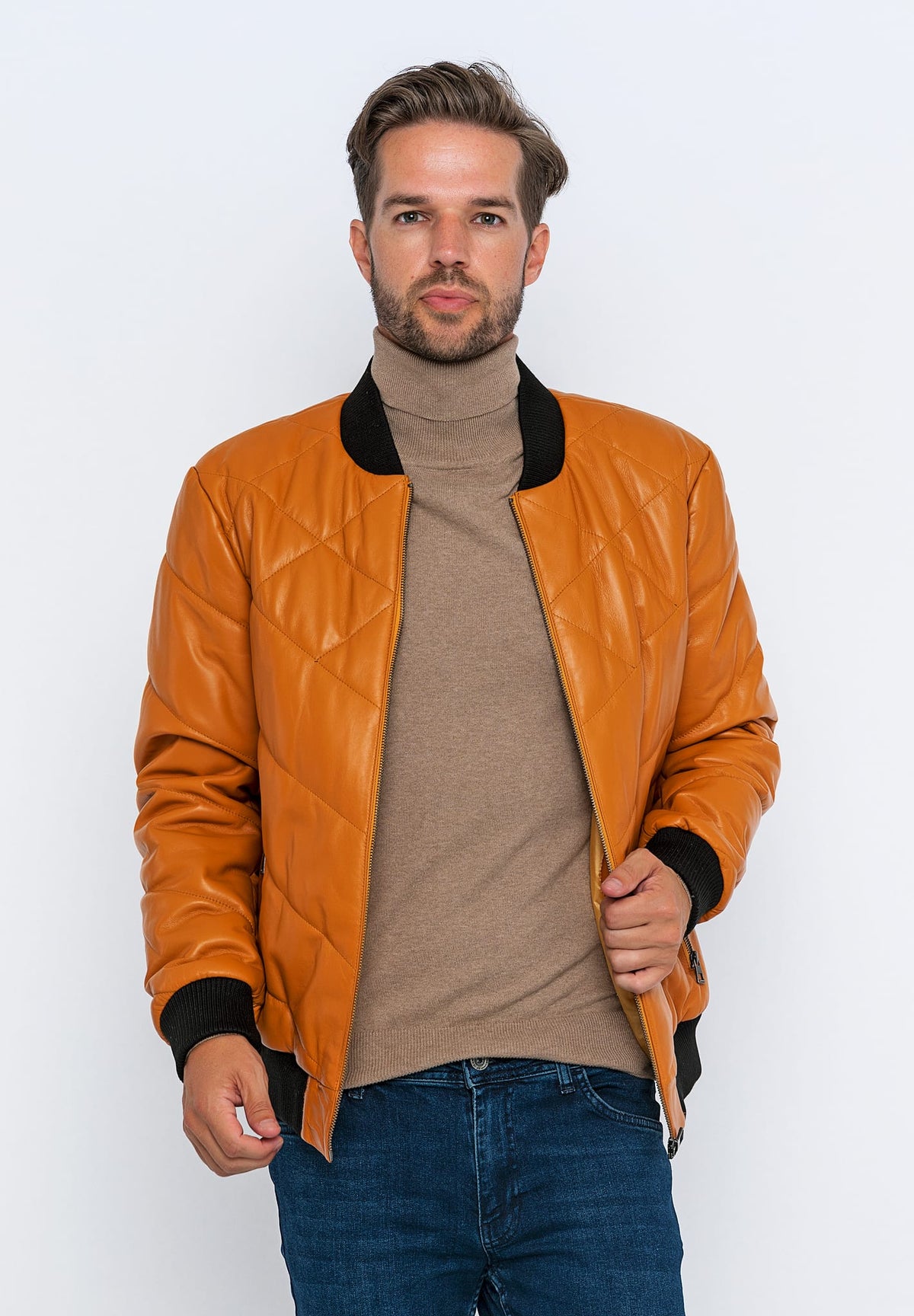 Erkek Bomber Deri Ceket Açık Kahverengi - ürün görseli 1