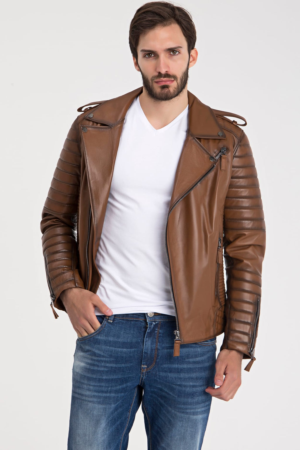 Erkek Biker Deri Ceket Kestane - ürün görseli 2