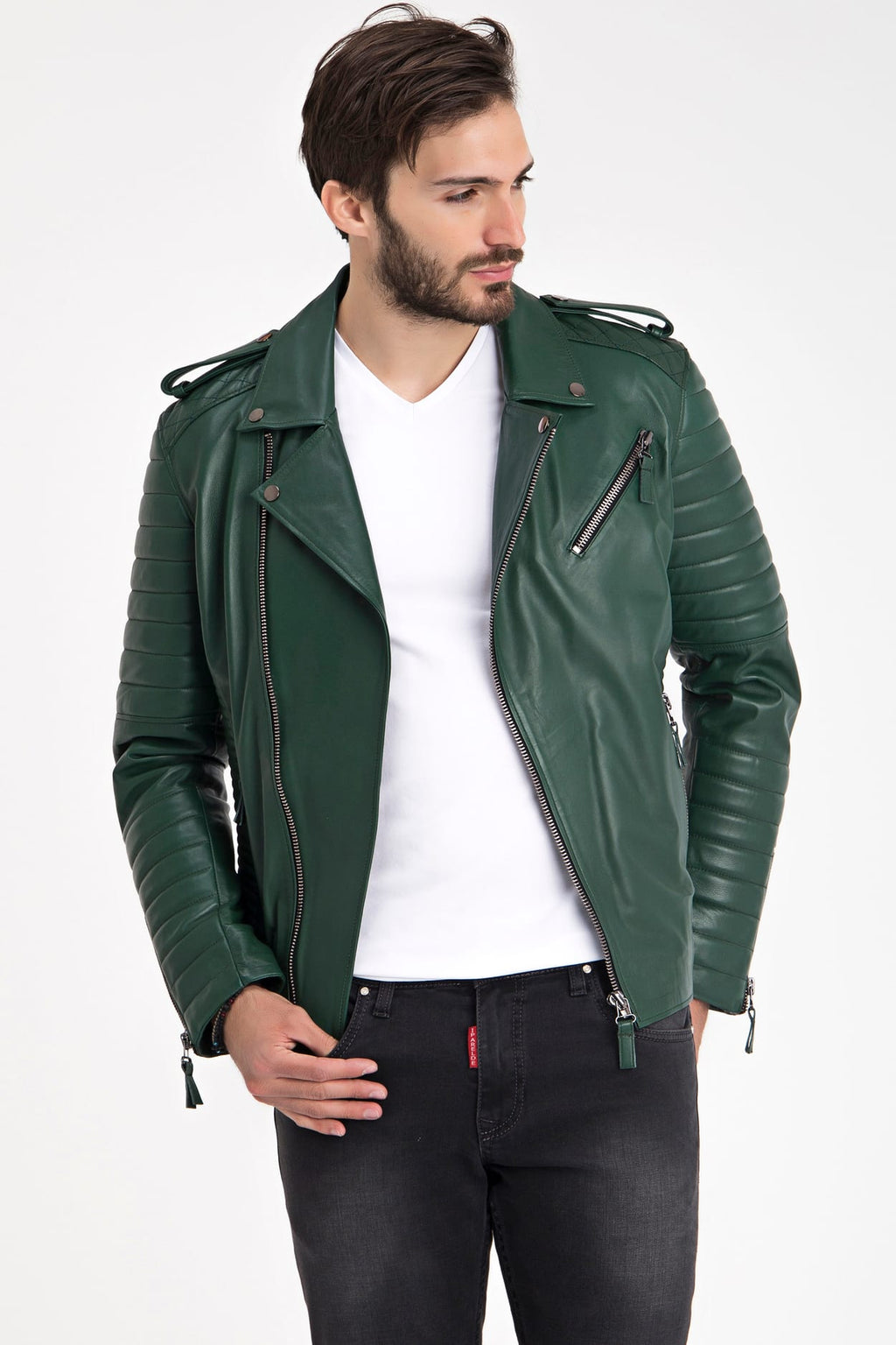 Erkek Biker Deri Ceket Yeşil - ürün görseli 2