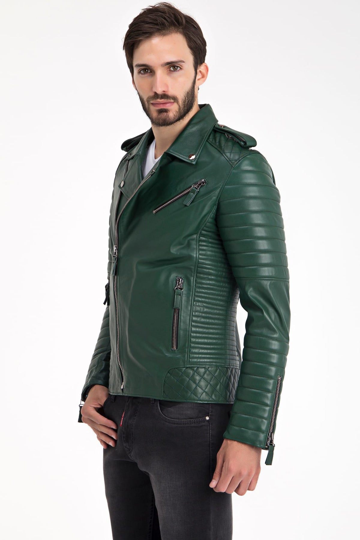 Erkek Biker Deri Ceket Yeşil - ürün görseli 4