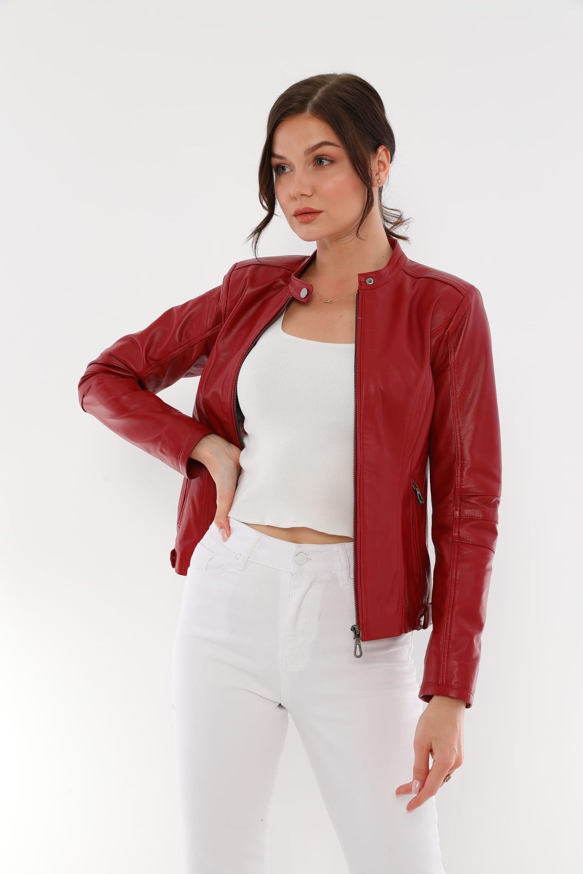 Kadın Çıt Çıt Detaylı Deri Ceket Kırmızı - ürün görseli 3