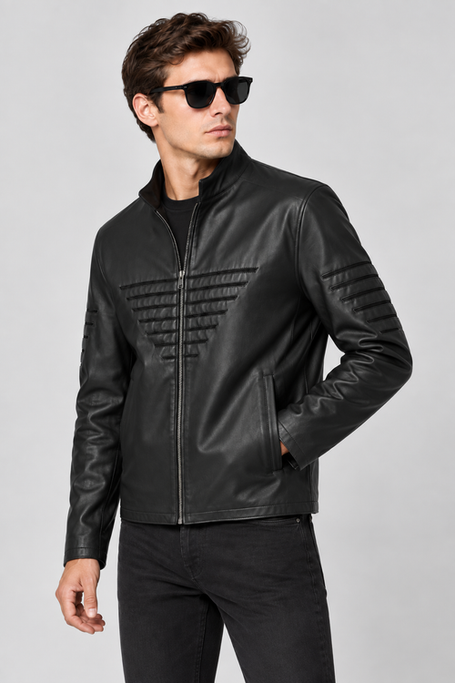 Basics&More Erkek Çift Taraflı Deri Ceket Siyah & Yeşil Reversible Fermuarlı Mont